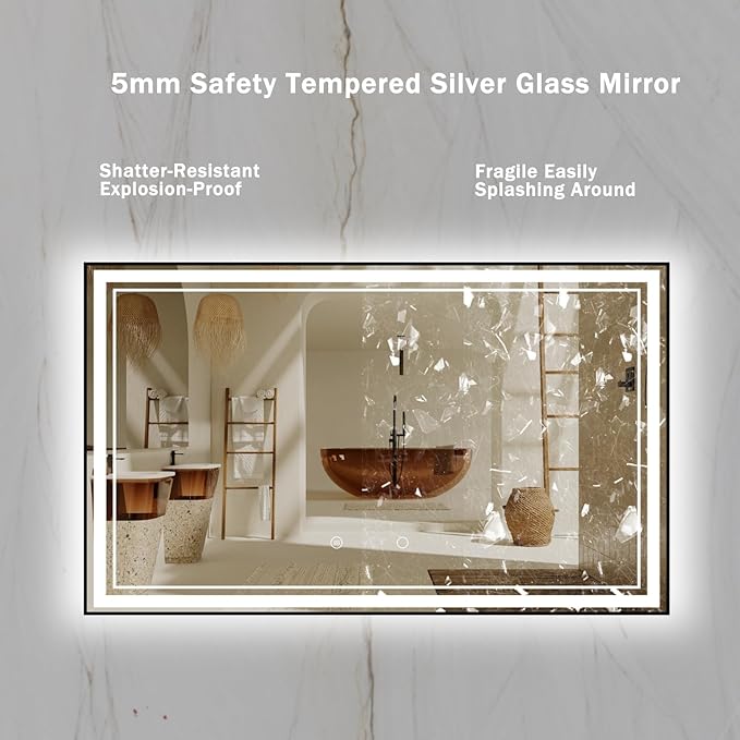 60" x 36" LED Bathroom Mirror with Lights Framed LED Mirror for Bathroom Backlit and Front Lighted Bathroom Mirror Black Square Aluminum Frame Anti-Fog Dimmable Adjustable Shatter-Proof