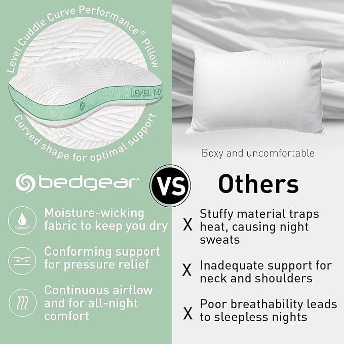Bedgear Level Cuddle Performance Pillow - Firm Bed Pillow for Side Sleepers - Moisture Wicking Removable Cover - Size 1.0