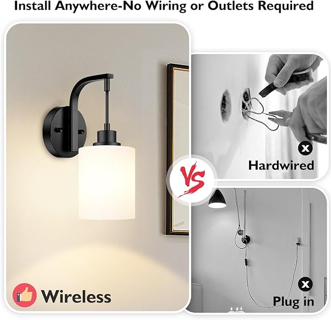 Wireless Rechargeable Wall Sconce Set of Two, 15Colors Black Battery Operated Wall Lights, 2 Milky Glass Wall Lamps with Remote and Dimmable Bulbs, Cordless Sconces Wall Decor for Bedroom Living Room