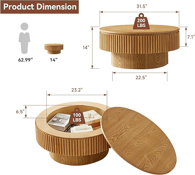 Round Coffee Table for Living Room,Fluted Drum Accent Tea Center Table with Storage,Circle Modern Coffee Tables for Small Space Office Apartment (31.5" L×31.5''W×14''H-Natural)