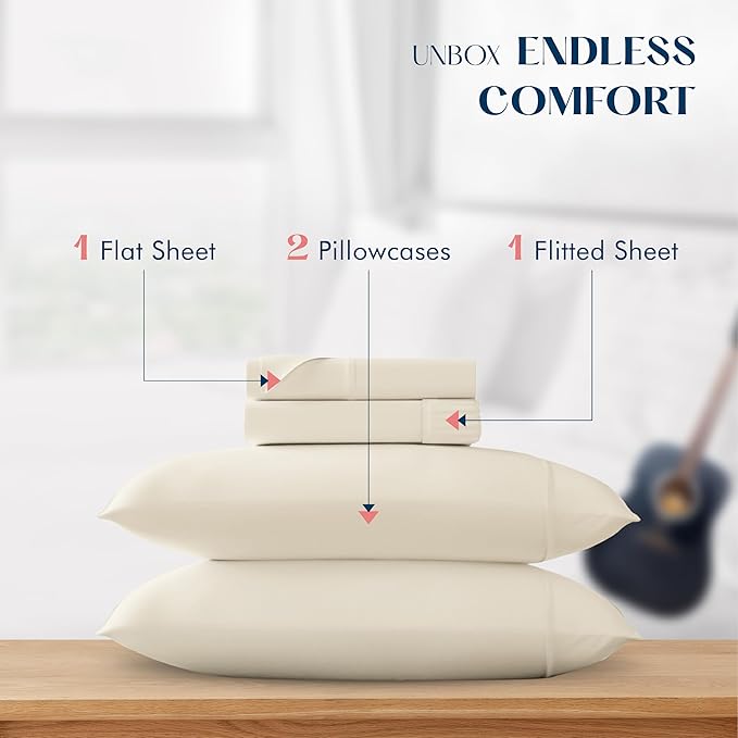 XOOX Linen California King Sheet Sets Cotton - 500 Thread Count 100% Cotton Cal King Sheets, 4 PC (Ivory), Luxury Soft, Breathable, Cooling, Large 16" Deep Pocket Sateen Bedsheet Set for Dorm Rooms