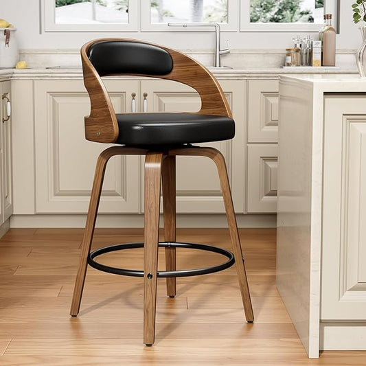 Swivel Bar Stools Set of 1, 26" Counter Height Bentwood Barstool, Mid-Century Modern PU Leather Upholstered Bar Chair with Back and Footrest, for Kitchen Island, Bar, Cafe, Dining Room, Black