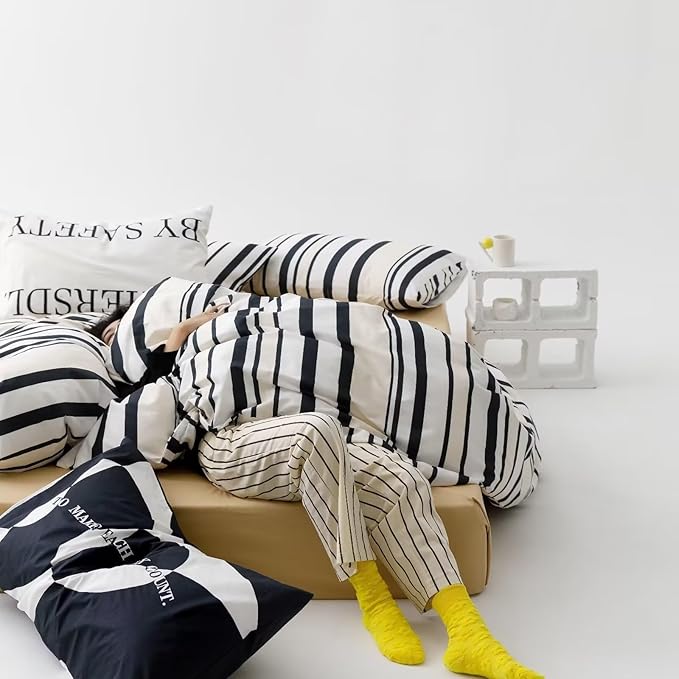 Cottonight Black and White Striped Comforter Set King Geometric Bedding Comforter Women Men Beige Black Blanket Quilts Geometric Ticking Bedding Set Fluffy Folkloric Boho Quilts for King Bed