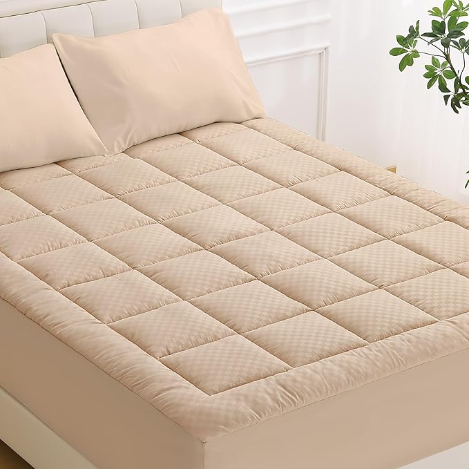 OLANLY Full Quilted Fitted Mattress Pad, Elastic Fitted Mattress Topper, Cooling Soft Mattress Cover Stretches up to 21 Inches Deep, Machine Washable Mattress Protector (54x75 inch, Beige)