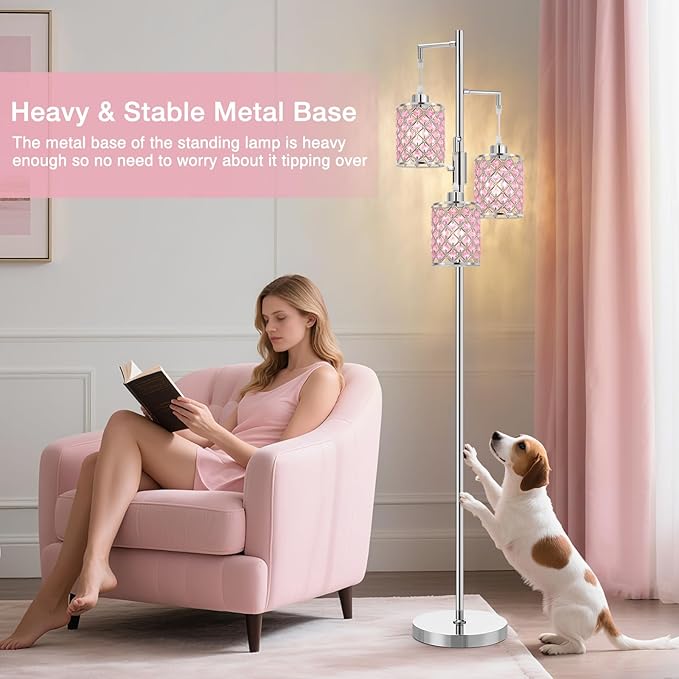 Pink Crystal Floor Lamp, 3-Light Standing Tall Lamp with Sparkling K9 Crystal Shade, Rotary Switch, Easy Assemble Lamps for Living Room, Bedroom, Home Office, Girls Room