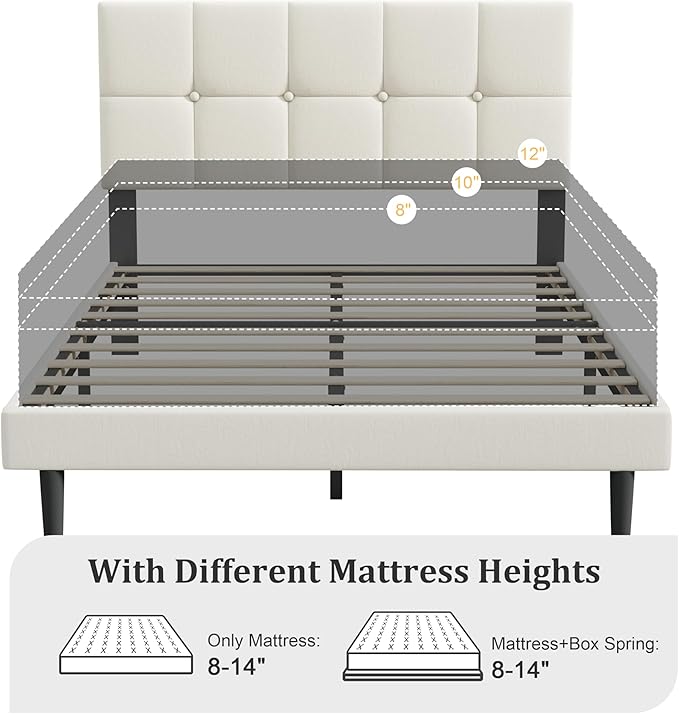 Full Size Bed Frame, Full Size Platform Bed Frame with Headboard, Upholstered Headboard, Sturdy Wooden Slats, Noiseless No Box Spring Required, Easy to Assemble, Beige