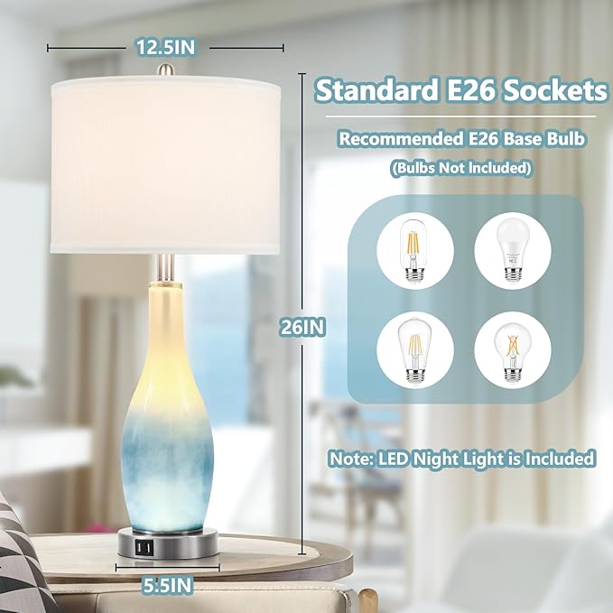 BesLowe 26in Tall Glass Table Lamps Set of 2 with 2 USB Charging Ports & LED Nightlight, Large Coastal Table Lamps for Living Room End Table, Modern Beach Lamps for Bedroom Bedside Nightstand, Blue