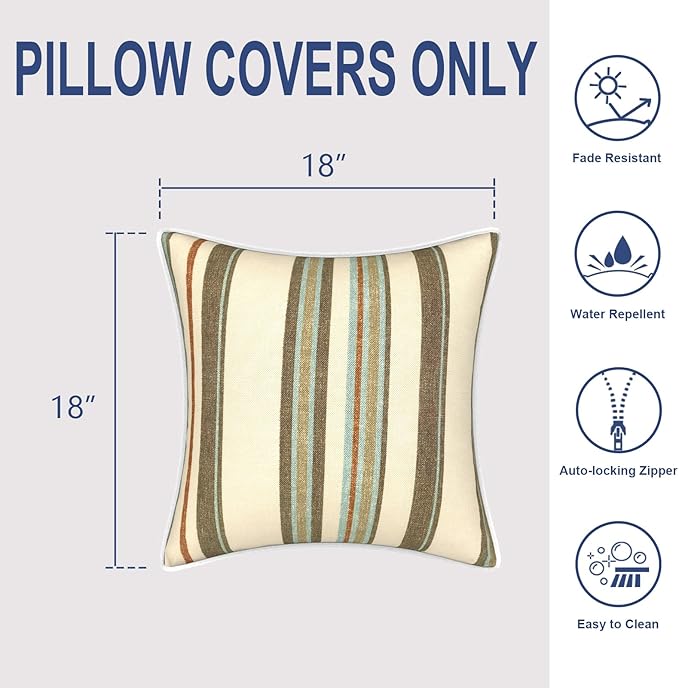 Outdoor Throw Pillow Covers Pack of 2, Decorative Water Repellent Square Pillow Cases 18x18 Inch, Patio Pillowcases for Home Patio Furniture Use, Stripe Onyx