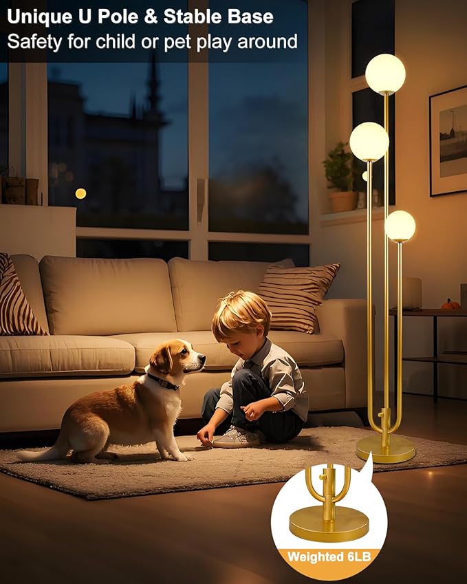 Lightdot 63IN Gold Floor Lamp Dimmable 3-Lights Globe LED Floor Lamps with 3000K Soft Warm White for Wedding/Party Candle Holder Style Tall Lamp for Living Room/Bedroom