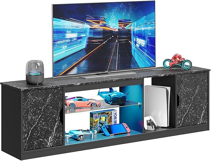 Bestier LED TV Stand for 65/70/75/80 Inch TV, 70 inch Gaming Entertainment Center with Adjustable Glass Shelves & Storage Cabinet for PS5, Xbox, Modern TV Console Table for Living Room, Black Marble