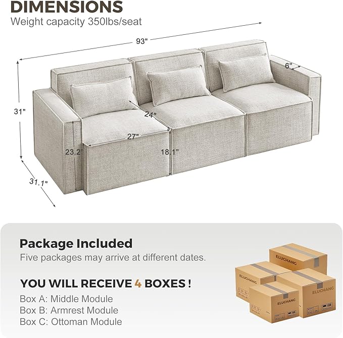 ELUCHANG 93" Modular Sectional Sofa Couch, 3 Seater Large Sectional Couches for Living Room, Modern Linen Fabric Oversized Couch, Comfy Deep Seat Home Sofas Set, Oatmeal