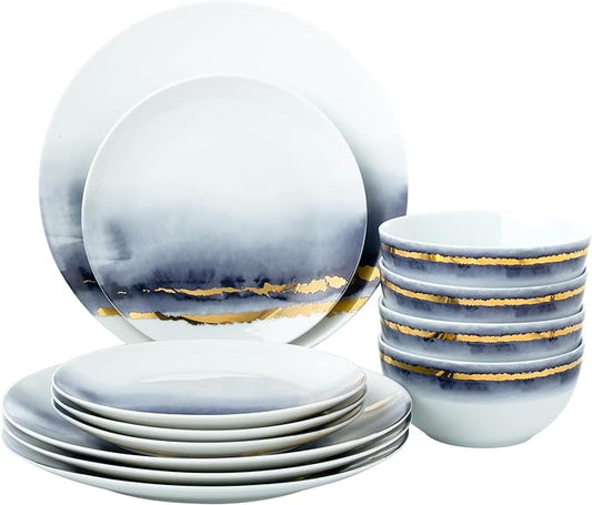 “Lazuli” 12-Piece Porcelain Dinnerware Set, Service for 4, Blue and Gold