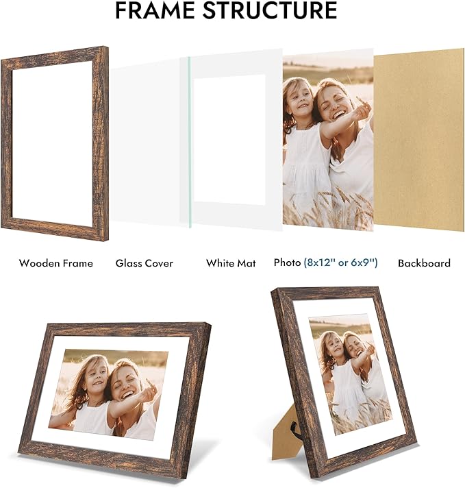 8x12 Picture Frame with Glass, Display Pictures 6x9 with Mat or 8 x 12 without Mat - Wall and Tabletop, 8 by 12 Photo Wooden Frames (Rustic Brown, 1 Pack)