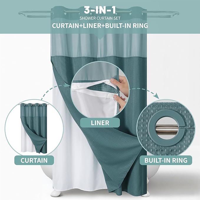 SeawedGreen No Hook Waffle Weave Shower Curtain with snap-in Liner Replacement, 230GSM Waterproof Fabric Hotel Shower Curtain Set for Bathroom, Through Mesh Top Window,54Wx80H