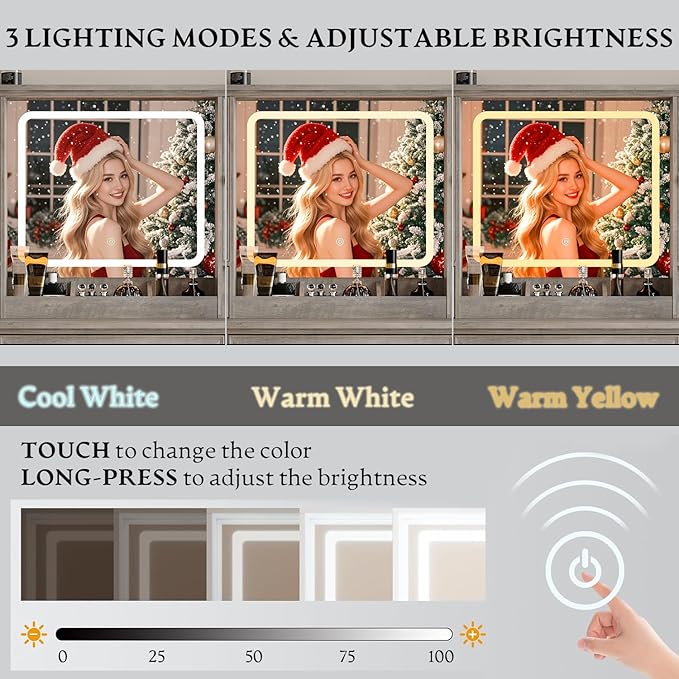 Makeup Vanity Desk with HD Lighted Mirror & Power Outlet, Farmhouse Vanity Table Set with Storage Drawers & RGB Cabinets, Large Dressing Table with 3 Lighting Modes for Women Kids Girls Bedroom, Grey