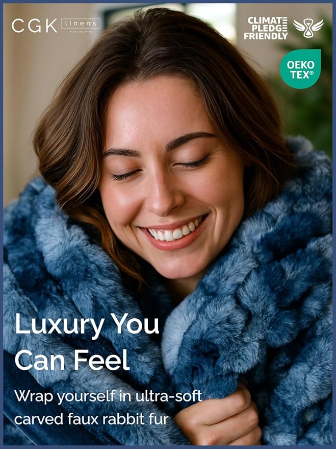 Fluffy Throw Blanket King Size - Faux Fur Throw for Couch or Bed - Plush Soft Extra Thick Faux Fur Rabbit Blanket - Comfy, Warm & Breathable - Luxury Minky Tie Dye Bedding - 90" x 108", Marble Blue