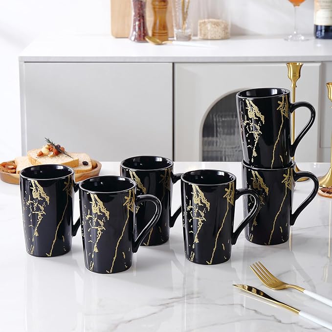 Porcelain Coffee Mugs, 12 Ounce, Set of 6, Black | Hot Tea | Cappuccino | Mocha | Cocoa | Cups for Latte