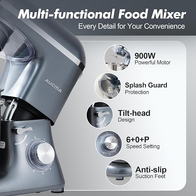 Aucma Stand Mixer, 900W 8QT Large Kitchen Mixer, Kitchen Electric Mixers with Dough Hook, Wire Whip & Beater (Gray, 8QT)