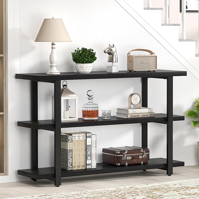 FOLUBAN Black Entryway Table, Modern Console Tables with 3 Tier Storage Shelves for Living Room, Wood and Metal Sofa Table for Hallway, Entrance, or Behind Couch, 47 Inch