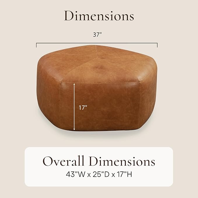 Poly & Bark Porto Ottoman – 37" Pentagon Pouf with Feather-Down Topper – Full-Grain Leather Upholstered Pouf Ottoman for Living Room – Vintage Italian Leather in Cognac Tan