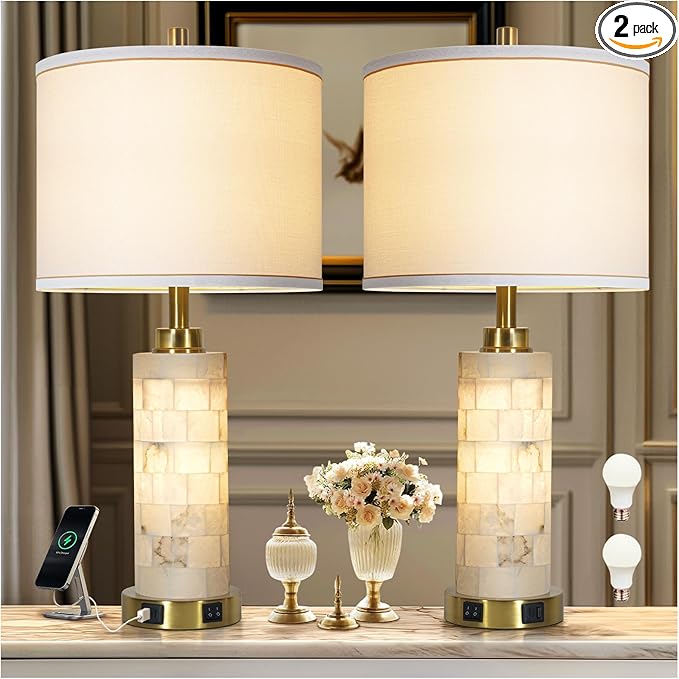 27" Alabaster Lamp,Table Lamps for Living Room Bedroom,Nightstand Lamps Set of 2 with Night Light,Bedroom Lamp with Linen Shade,Gold Table Lamp with USB A+C Ports for Bedside (Bulbs Included)