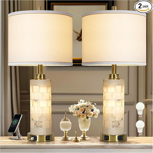 27" Alabaster Lamp,Table Lamps for Living Room Bedroom,Nightstand Lamps Set of 2 with Night Light,Bedroom Lamp with Linen Shade,Gold Table Lamp with USB A+C Ports for Bedside (Bulbs Included)