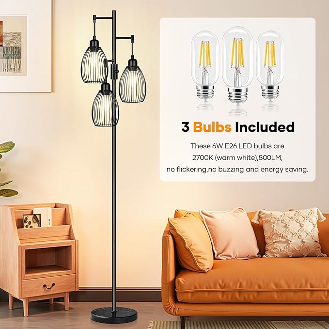 Dimmable Floor Lamp,3x800LM LED Bulbs Included, Farmhouse Industrial Floor Lamp Standing Tree Lamp with Teardrop Cage Head Tall Lamp for Living Room Bedroom Office Dining Room - Black & Marble Base