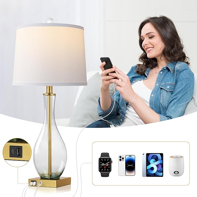 WIHTU Table Lamps Set of 2 with Touch Control, 27" Bedside Desk Lamps for Nightstand Decorations, 3-Way Dimmable Modern Glass Table lamp with USB C and A Charging Ports, Gold (LED Bulbs Included)