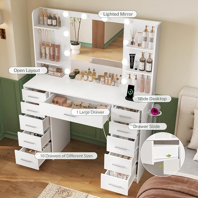 Quimoo 47.2" Large Vanity Desk with Mirror and Lights, White Makeup Vanity with 11 Drawers & 6 Open Shelves, 3 Color Modes & Adjustable Brightness for Girls Bedroom