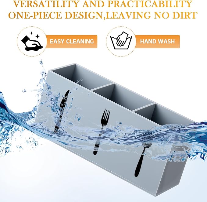 Suzile Acrylic Cutlery Storage Organizer Bin Silverware Caddy Countertop Knife Spoon and Fork Holder Kitchen 3 Section Tableware Storage Box for Cabinet Indoor Home Flatware Dining Room (Gray,M)