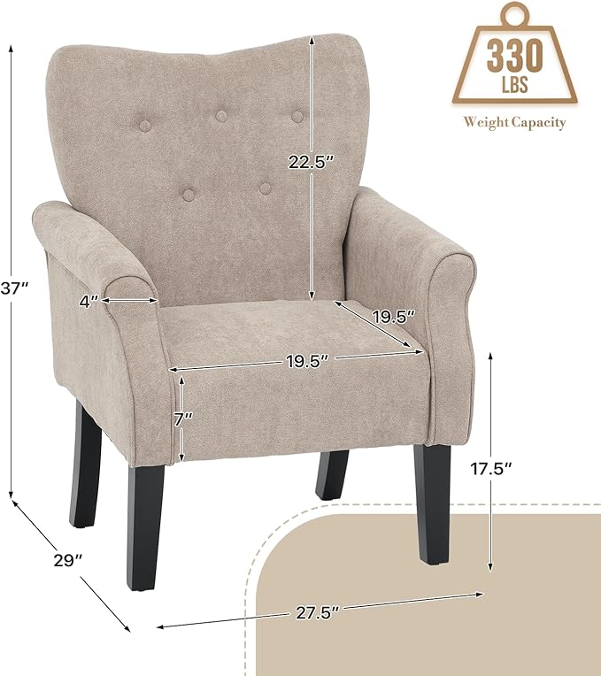 Athena Collection Mid Century Accent Chair, Upholstered Modern Comfy Armchair Single Sofa, Elegant Vanity Chair Reading Chair with High Back and Solid Wood Legs for Bedroom Living Room Office, Beige