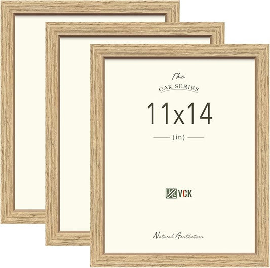 VCK 11x14 Beige Oak Picture Frames 3 Pack, High-End Wood Wide Border Poster Frame, Multi-Directional Display Family Photos, Office Prints, Studio/Gallery/Home Artwork
