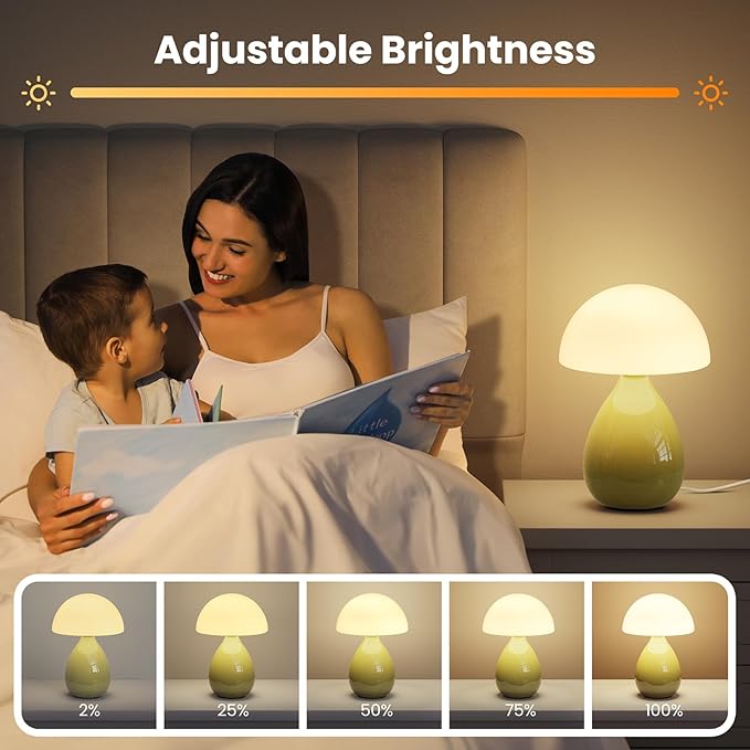 Mushroom Lamp Bedside, Mini Modern Lamp Small Vintage Table Nightstand Light, Small Light Dimmable for Bedroom, Living Room, Ceramic Base Glass Led Home Decor for Woman Children Gift