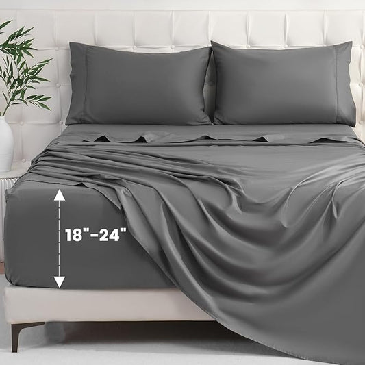 Bedlifes King Sheet Set, Extra Deep Pocket 18-24 Inches,1000Thread Count 100% Egyptian Cotton, Soft and Breathable Sateen 4-Piece, Dark Grey