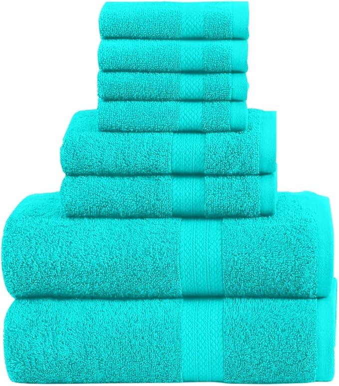 Pack of 8 Towels Set, 2 Large Bath Towels, 2 Hand Towels, 4 Wash Cloths, 100% Cotton, Lighter Weight, Quicker to Dry, Super Absorbent, Perfect for Bathroom (Aqua)