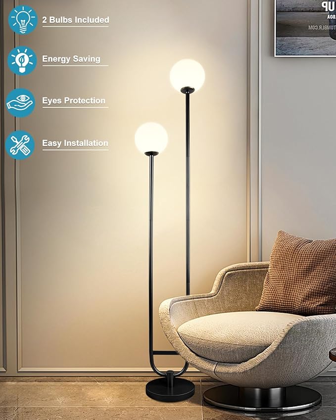 Lightdot 63IN Globe Floor Lamp with Black Candle Holder Style Modern Mid Century Standing Lamps with 2 Globe 3000K Warm Bulbs Included Unique Vintage Tall Floor Lamp for Lving Room