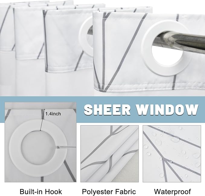 No Hook Geometric Striped Shower Curtain with Snap in Liner Set - Hotel Shower Curtain and Liner Set with See Through Mesh Top Window,Machine Washable, 71x74 INCH- Grey & White Chevron