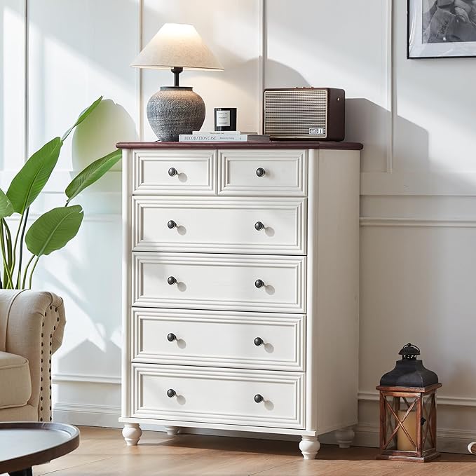 Farmhouse 6 Drawer Dresser, Chest of Drawers for Bedroom, 43.5" Tall Wood White Kids Dresser with Roman Column and Metal Handles, Storage Dressers Organizer for Living Room, Hallway, Closet