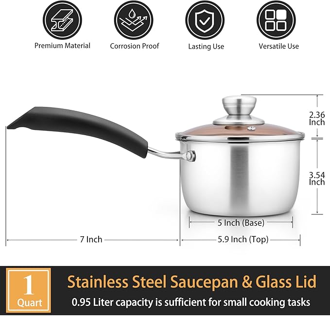 P&P CHEF 1 Quart Saucepan, Stainless Steel Saucepan with Lid, Small Sauce Pan for Home Kitchen Restaurant Cooking, Easy Clean and Dishwasher Safe