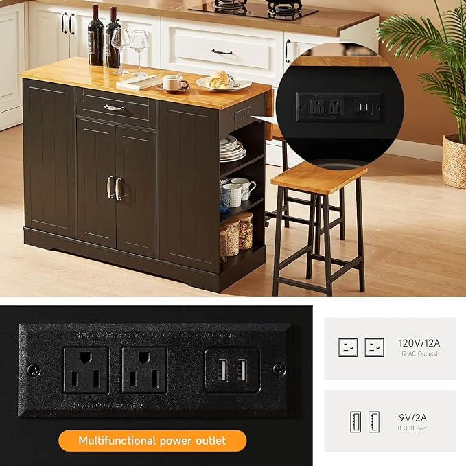 Stationary Kitchen Islands Include 2 Chairs, 47" Kitchen Island with Drop Leaf, Home Bar Table with Spice Rack & with Trash Cabinet, Island Table for Dining Room with Power Outlet, Black