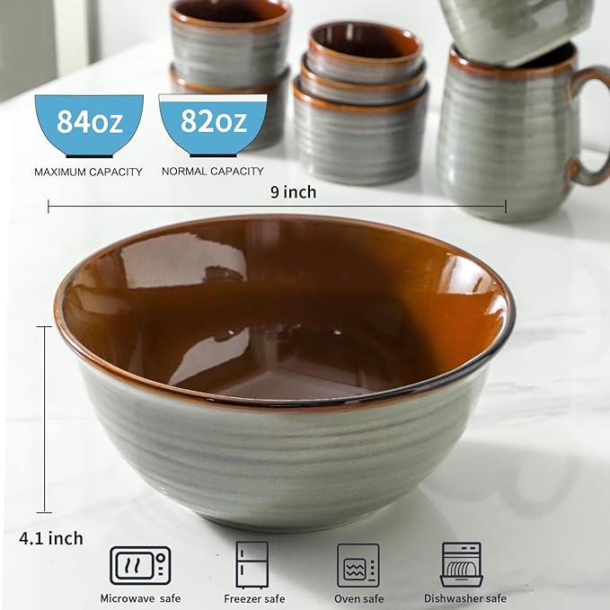 MEKY Serving Bowls, 84oz Ceramic Mixing Bowls for Salad Pasta Soup Pho Pasta Ramen, 9 Inch Large Kitchen Durable Bowls for Baking Cooking Party Dinner, Microwave & Dishwasher Safe,Set of 2, Brown