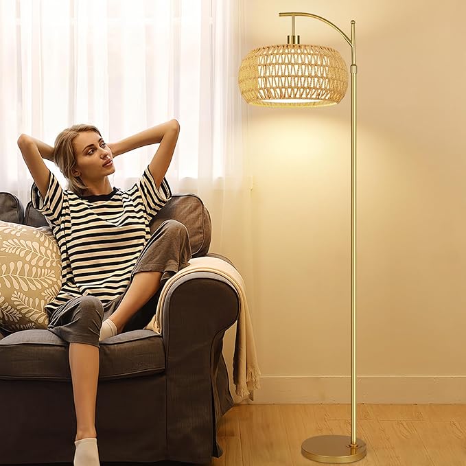 Gold Floor Lamps for Living Room Rattan Boho Floor Lamp with Remote Control,Arc Floor Lamp Wicker Lamp Shades Dimmable Standing Lamp with 3 Color Temperature Tall Floor Lamps For Bedroom Corner