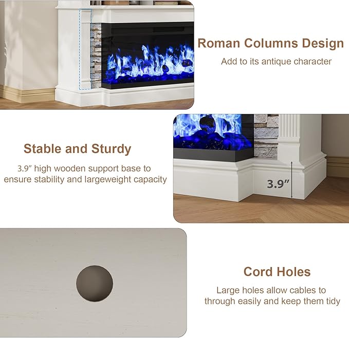 QUW Fireplace TV Stand for TVs up to 65", Farmhouse 52" Fireplace Entertainment Center with 36" 3-Side Glass Electric Fireplace, TV Console with Open Storage Shelves for Living Room, Antique White