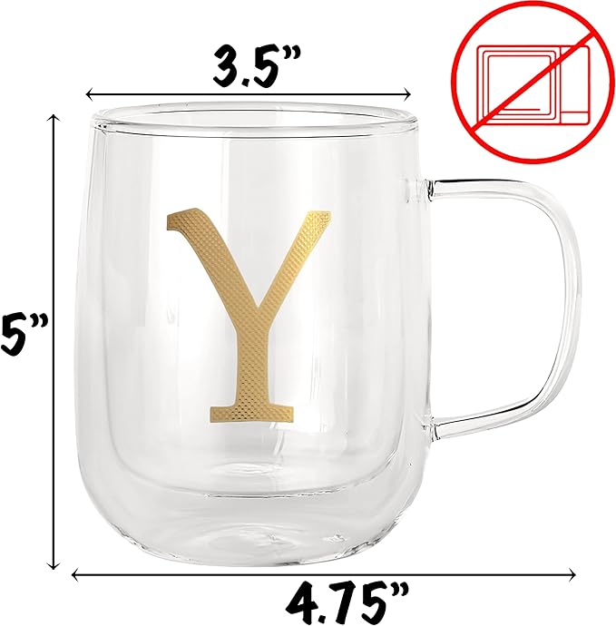 COLLECTIVE HOME - Double Walled Glass Coffee Mugs, Insulated Coffee Mug with Handle, Personalized Gifts for Women, Men, Christmas, 14 oz Monogram Cups (Y)