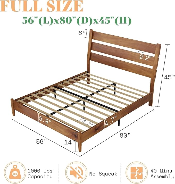 AMERLIFE Solid Wood Bed Frame Full Size, Mid Century Platform Beds with Reclining Slatted Headboard, Wood Slat Support/No Box Spring Needed/Noise Free, Light Brown