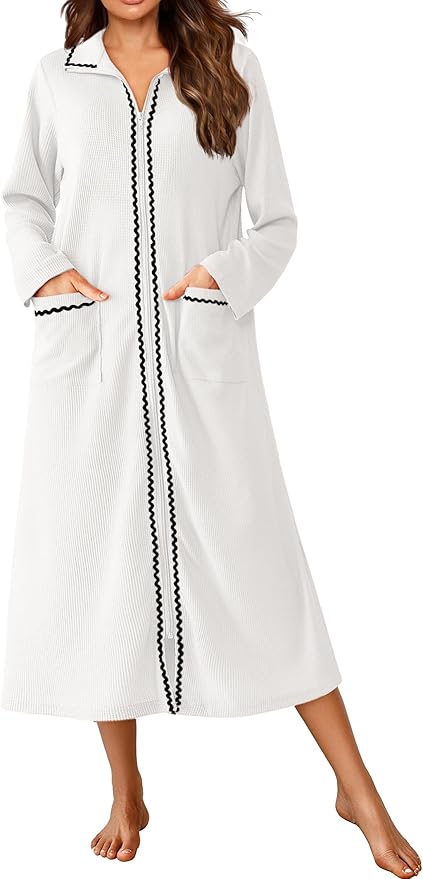 Ekouaer Zipper Robes for Women Long Waffle Knit Bathrobe Lightweight Long Sleeves Robe Soft Sleepwear with Pockets S-XXL
