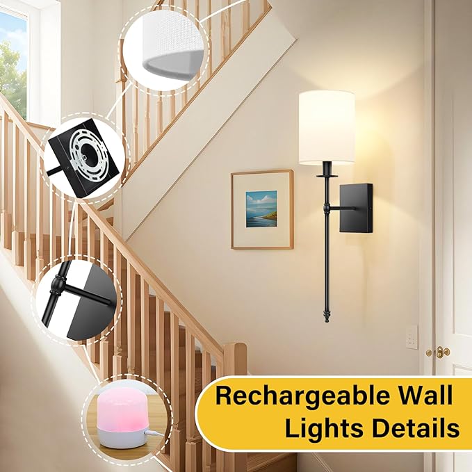 27 Inch Black Battery Operated Wall Sconces Set of 2, Rechargeable Wireless Wall Lights with Remote & White Fabric Shade, Indoor Not Hardwired Dimmable Wall Lamps for Hallway, 2 Bulbs Included