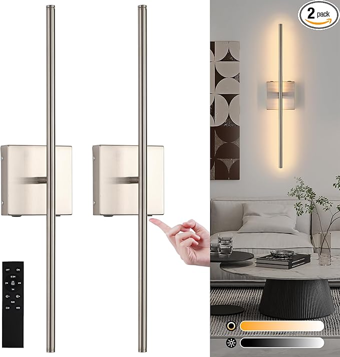 Battery Operated Wall Sconces Set of 2, Brushed Nickel Rechargeable LED Wall Sconce with Remote Control, 3000K-6000K Dimmable Wireless Wall Light for Living room Hallway Bedroom Stairs, 23.6 Inch