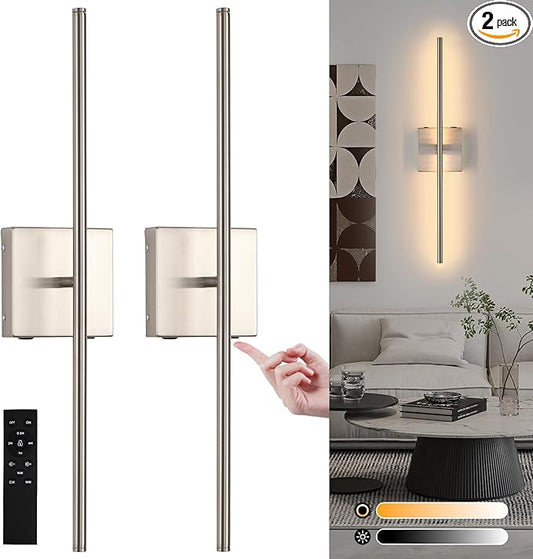 Battery Operated Wall Sconces Set of 2, Brushed Nickel Rechargeable LED Wall Sconce with Remote Control, 3000K-6000K Dimmable Wireless Wall Light for Living room Hallway Bedroom Stairs, 23.6 Inch