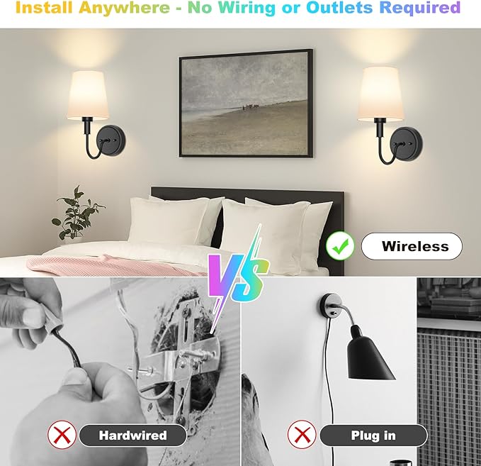 Wireless Rechargeable Wall Sconce, Black Battery Operated Wall Lights, Wall Lamps with Remotes and Dimmable RGB LED Bulbs, No Wiring Indoor Sconces Wall Decor Set of 2 for Bedroom Living Room Hallway